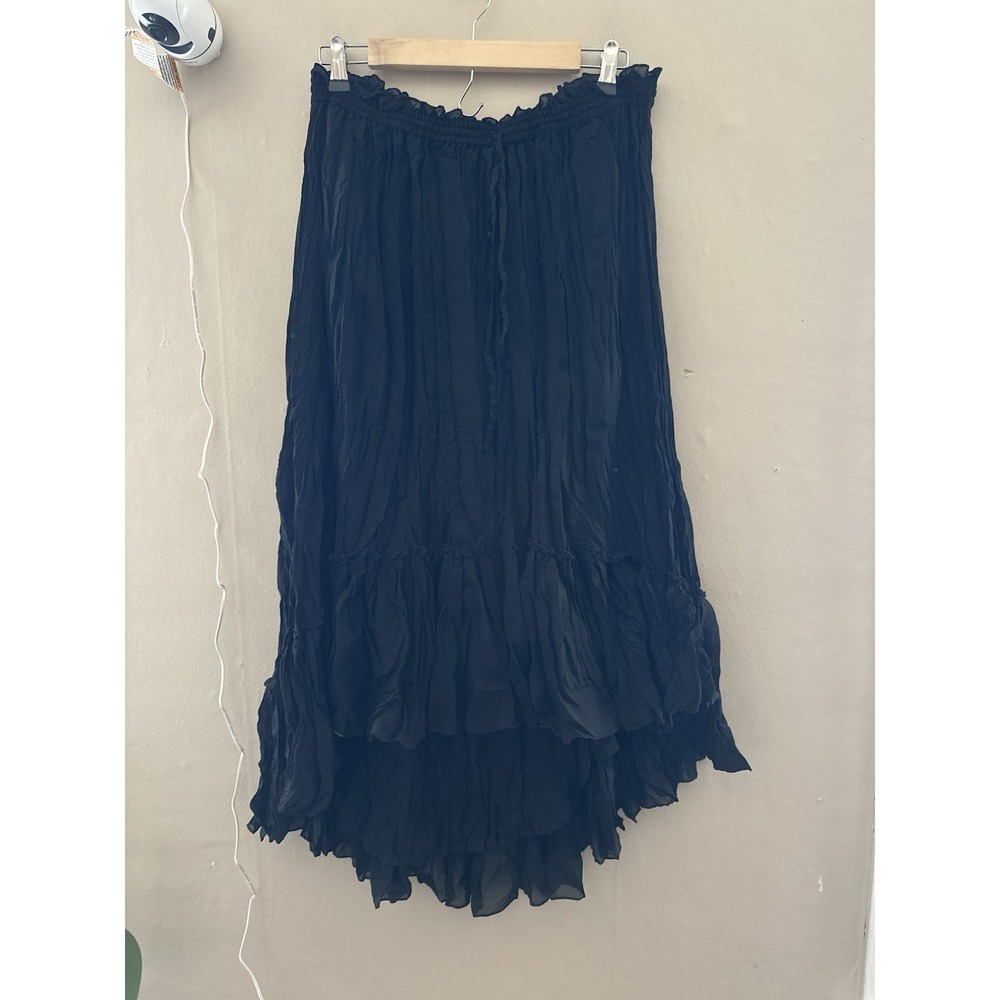 INC Womens Crinkle Midi Skirt Size L Black Pleated Fairy Witchy Hi Lo Tiered‎